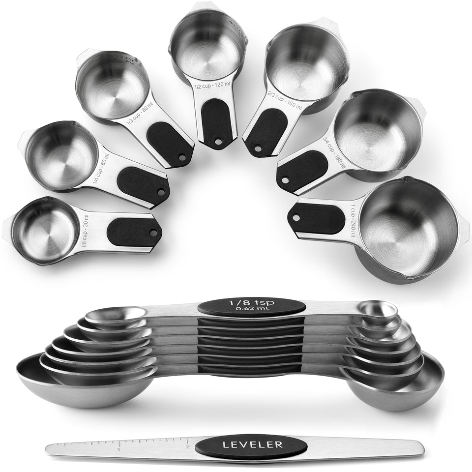 Magnetic Cups and Spoons, Set of 15, Stainless Steel