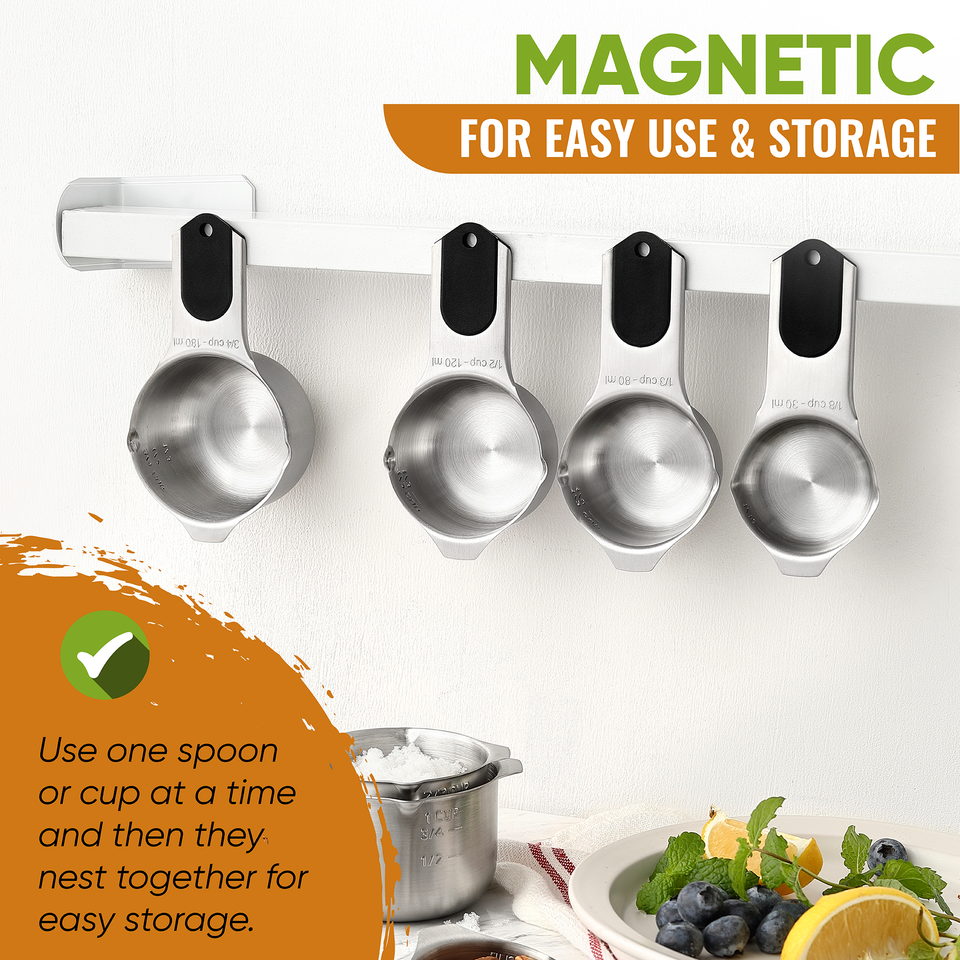 Magnetic Cups and Spoons, Set of 15, Stainless Steel