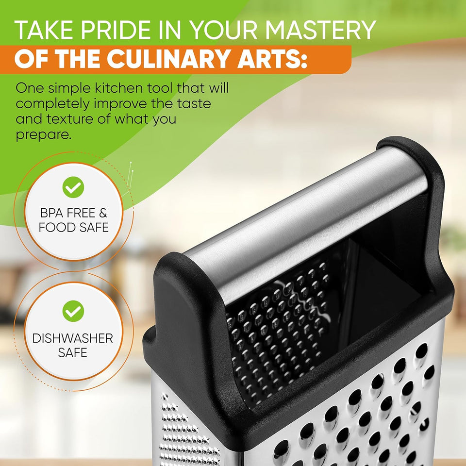 Professional Box Grater, Stainless Steel with 4 Sides, Best for Parmesan Cheese, Vegetables, Ginger, XL Size