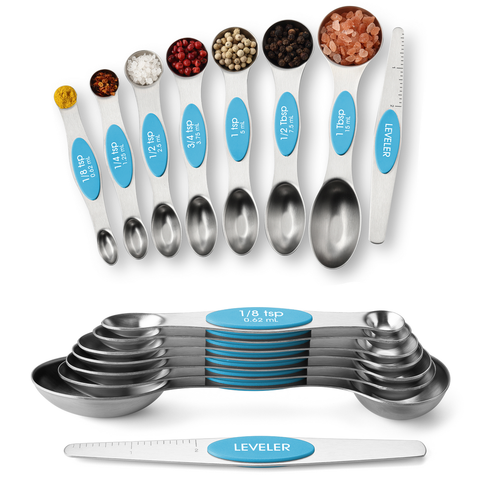 Spring Chef 8-pc Magnetic Measuring Spoon Set, Stainless Steel with N45  Magnets, Fits Spice Jars, BPA Free