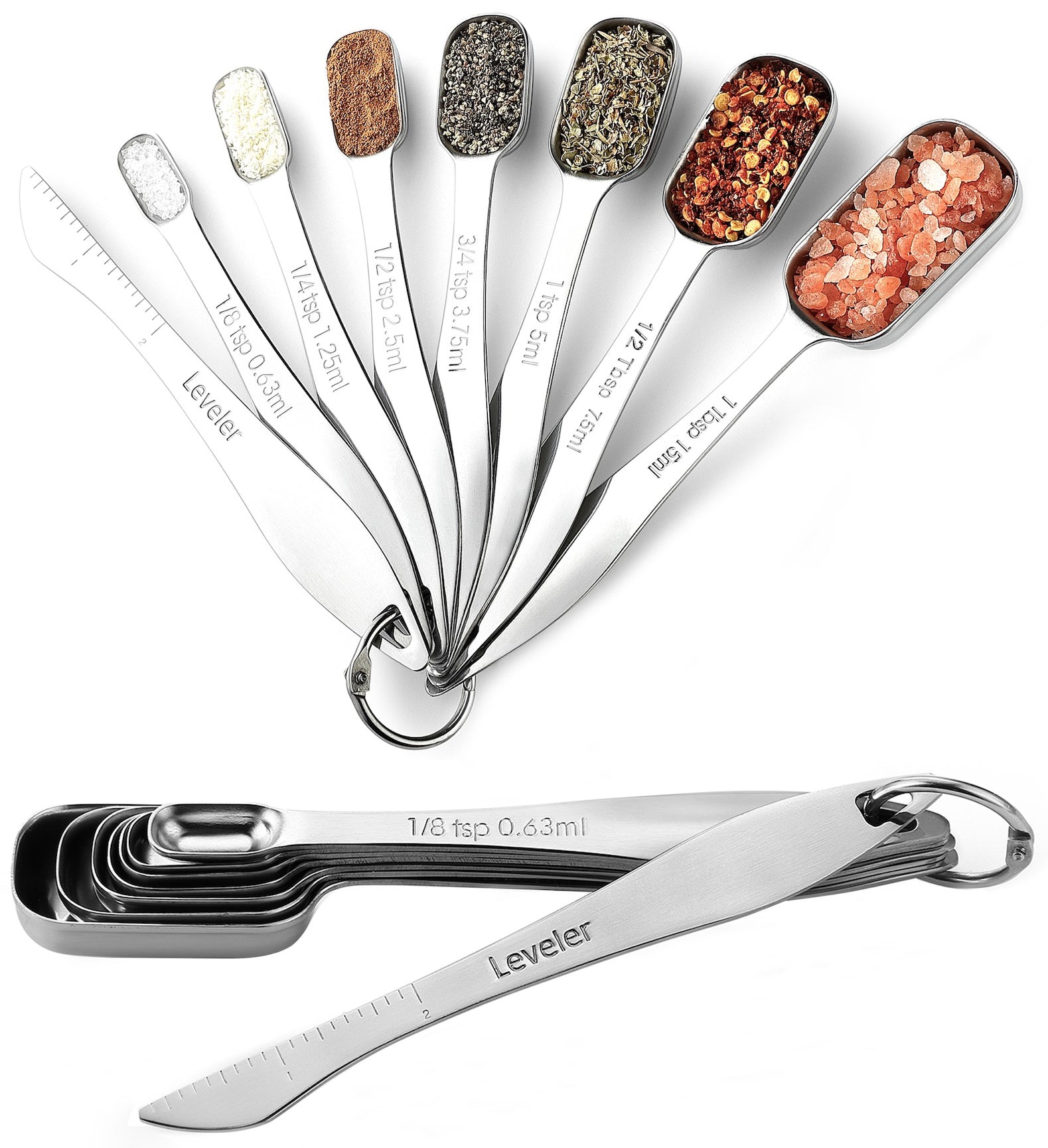 Spring Chef Heavy Duty Stainless Steel Metal Measuring Spoons for Dry or Liquid, Fits in Spice Jar, Set of 6 with Bonus Leveler, Size: Rectangular