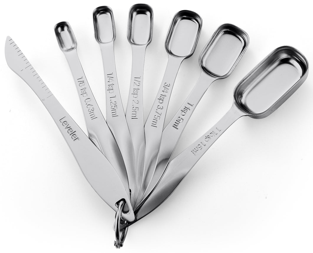Upgrade Stainless Steel Measuring Spoons Set, Small Tablespoon, Teaspoons,  Set 6 with Bonus Leveler, Etched Markings and Removable Clasp for Dry and
