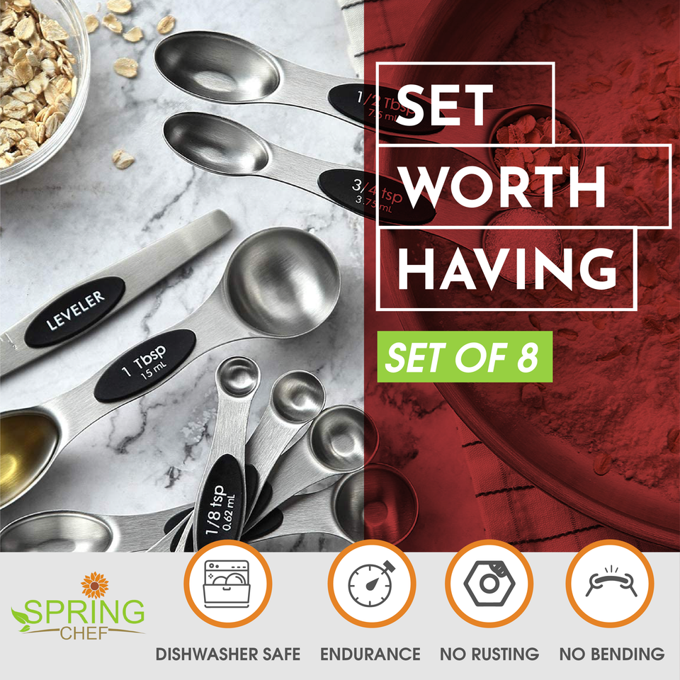Magnetic Measuring Spoons Set, Dual Sided Stainless Steel Measuring Spoons  Fits in Spice Jars, Stackable Teaspoon for Measuring Dry and Liquid