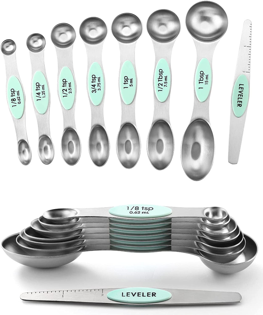 Spring Chef Magnetic Measuring Spoons Set, Dual Sided, Stainless Steel, Fits in Spice Jars, Set of 8, 2 Pack