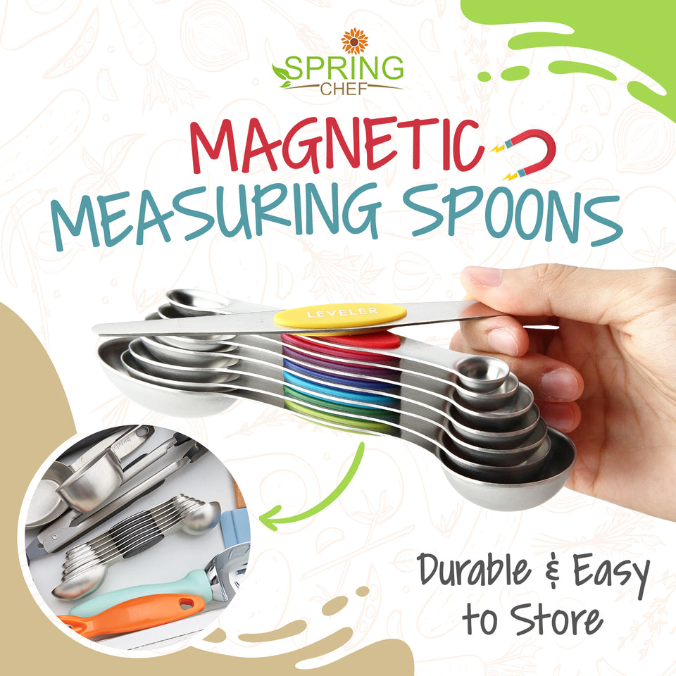 Spring Chef Magnetic Measuring Spoons Set, Dual Sided, Stainless Steel,  Fits in Spice Jars, Red, Set of 8