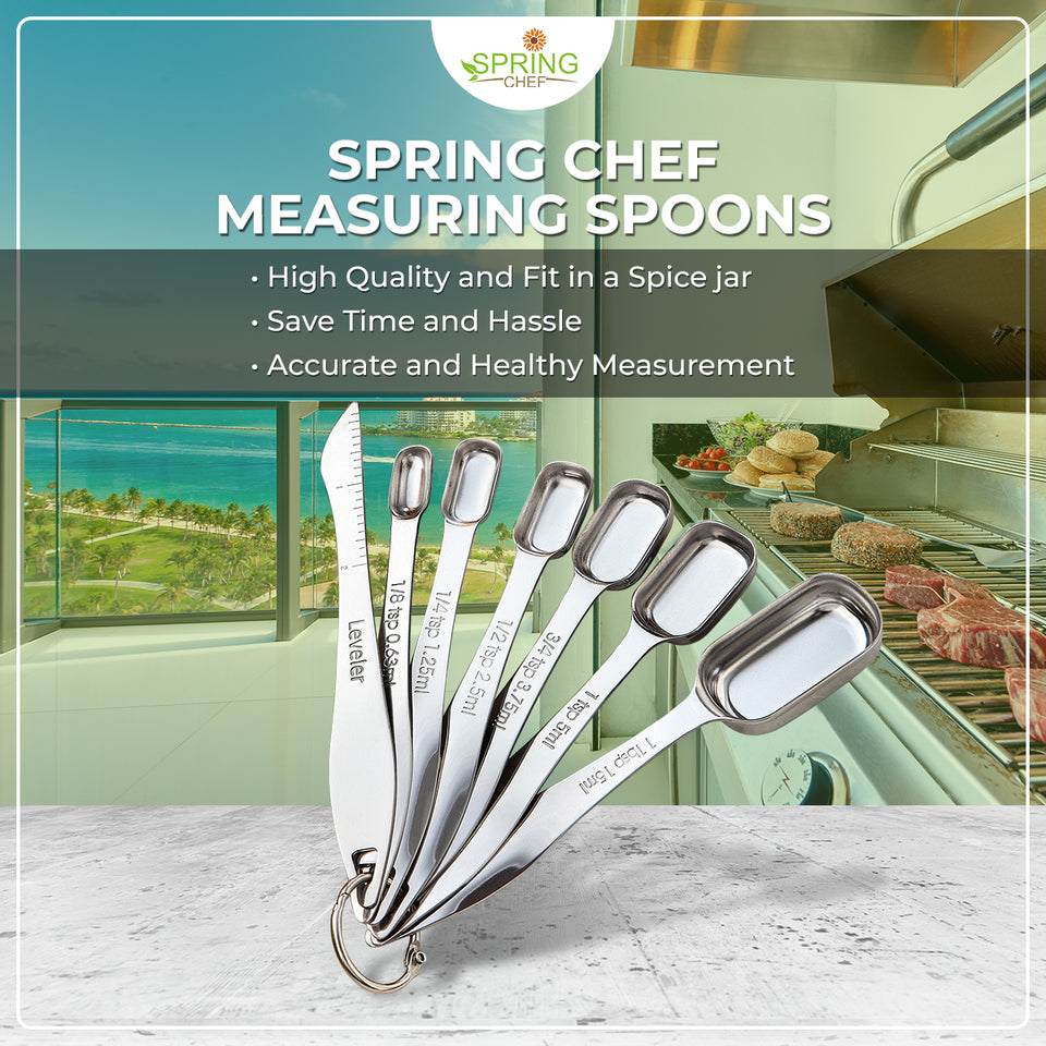 Stackable Measuring Spoons Set of 7 Including Leveler, Tablespoon with  Metric and US Measurements, Heavy Duty